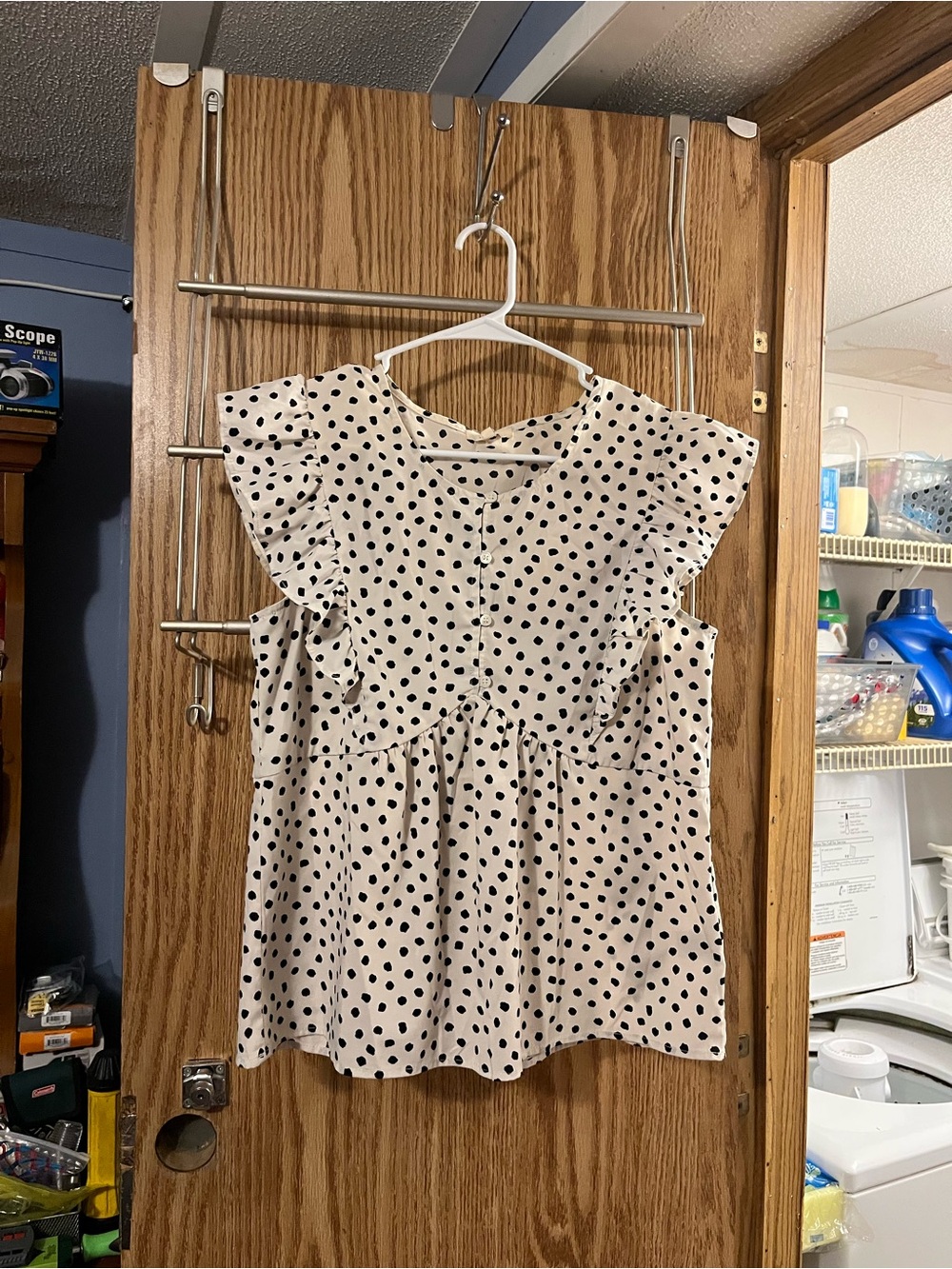 Pleione Cream and Black Polka Dot Ruffle Sleeve Blouse